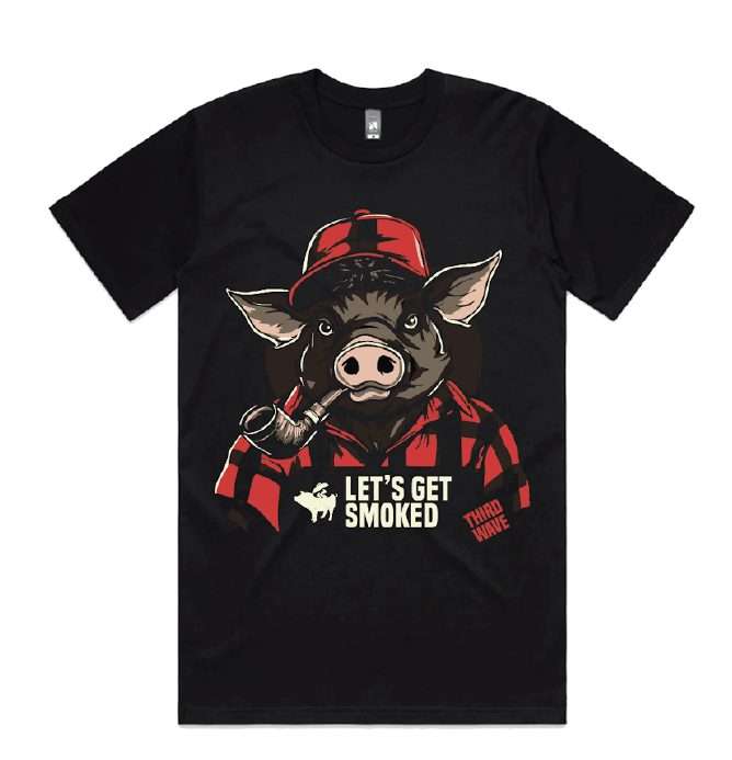 Black T-shirt printed with a boar graphic and 'Let's Get Smoked' text