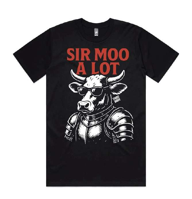 Black T-shirt printed with the 'Sir Moo A Lot' knight-cow graphic