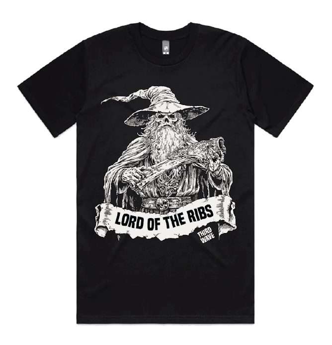 Black T-shirt printed with the 'Lord of the Ribs' wizard graphic