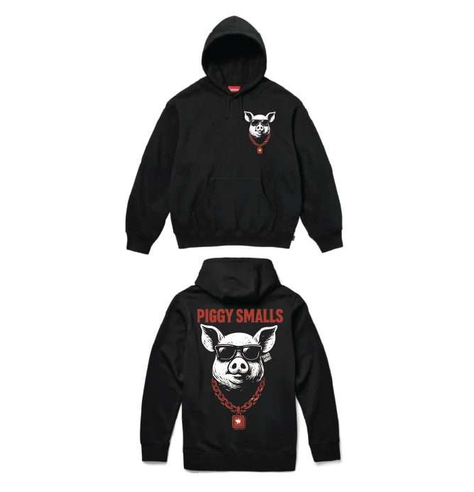 Black hoodie with the 'Piggy Smalls' pig graphic on the back