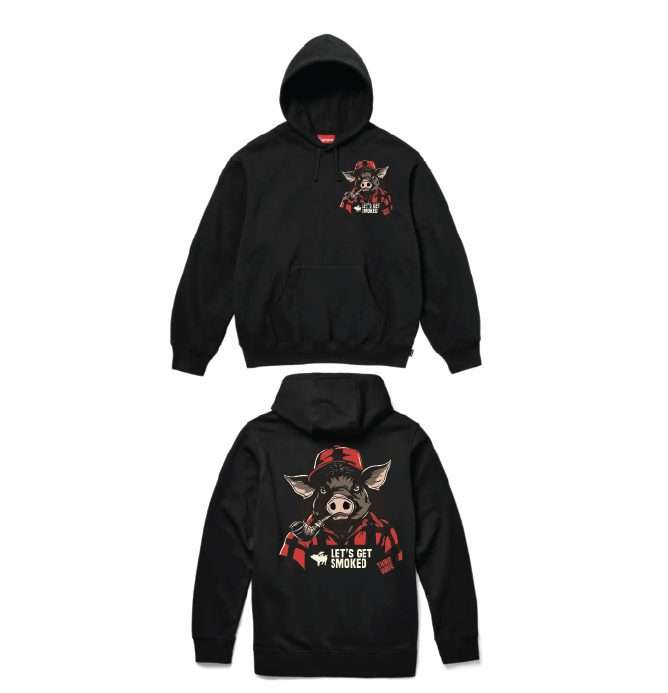 Black hoodie with the boar 'Let's Get Smoked' graphic on the back