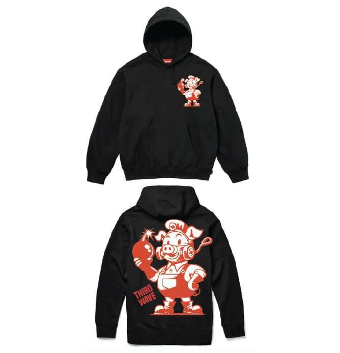 Black hoodie with a chef pig mascot graphic on the back