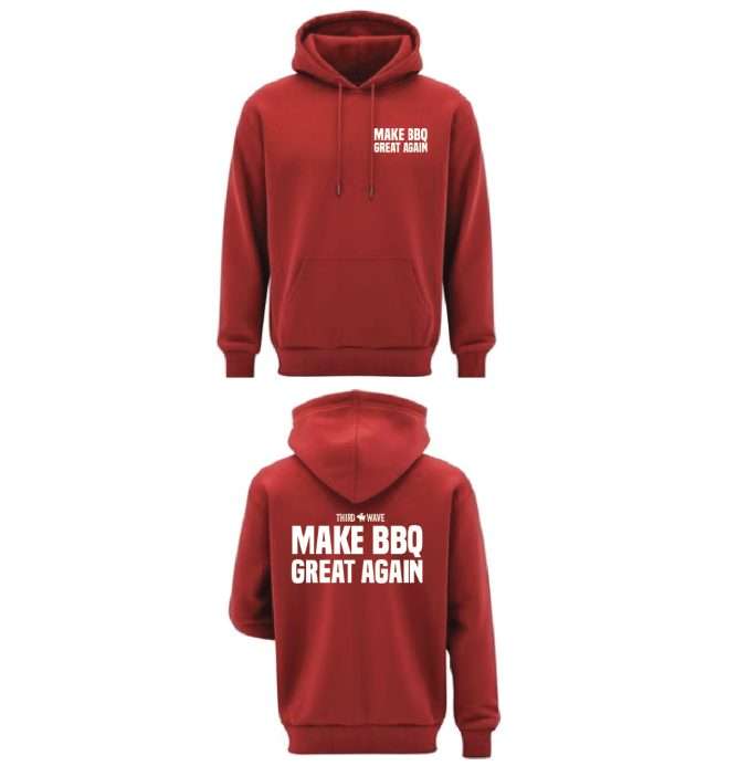 Red hoodie printed with 'Make BBQ Great Again' text