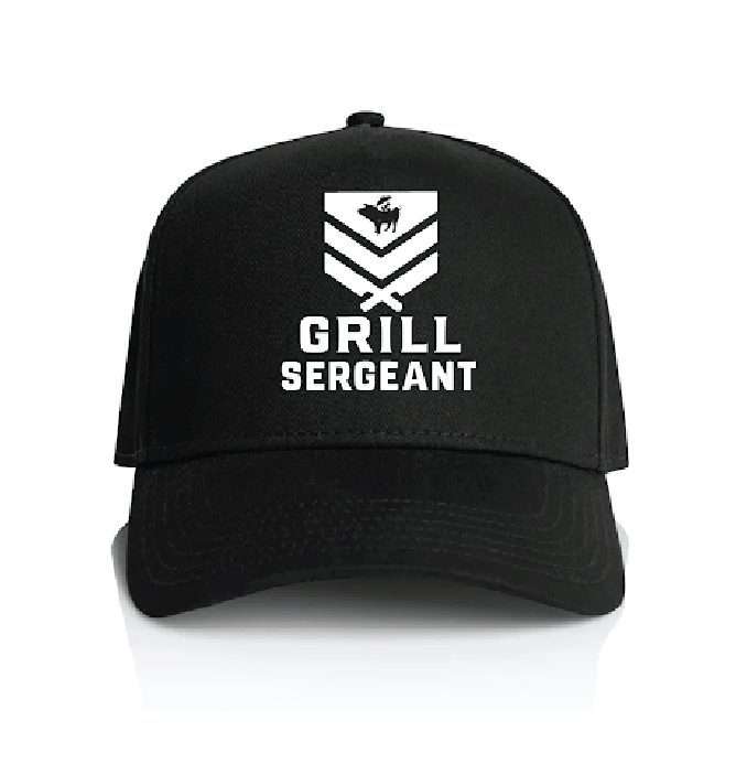 Black cap embroidered with 'Grill Sergeant' text and a chevron logo