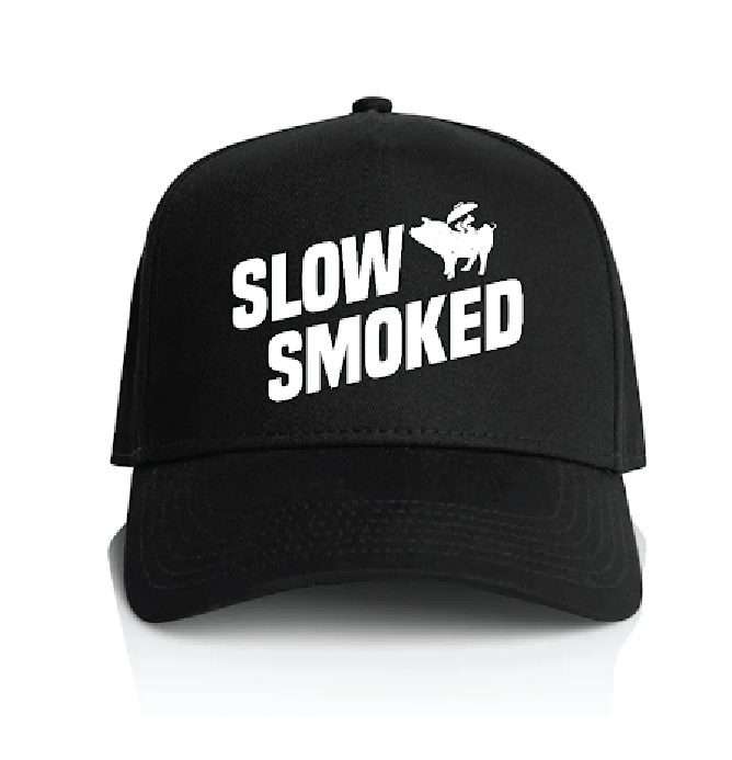 Black cap embroidered with 'Slow Smoked' text and a pig icon