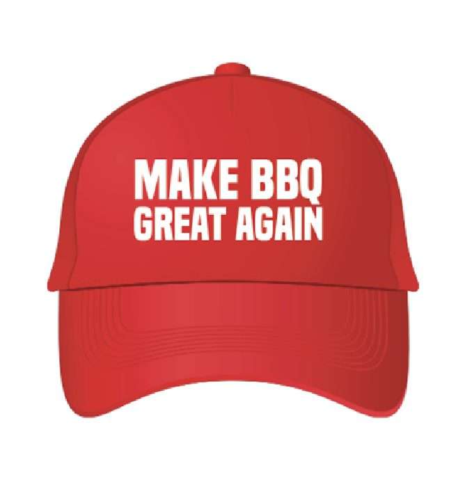Red cap printed with 'Make BBQ great again'