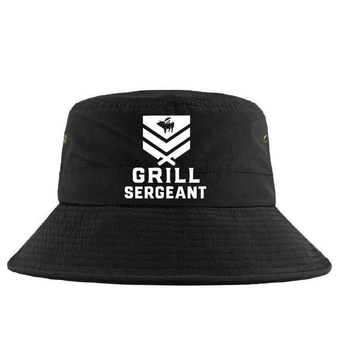 Black bucket hat printed with 'Grill sergeant'