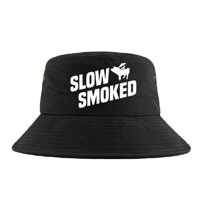 Black bucket hat printed with 'Slow smoked'