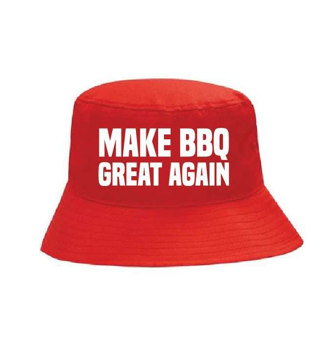Red bucket hat printed with 'Make BBQ great again'