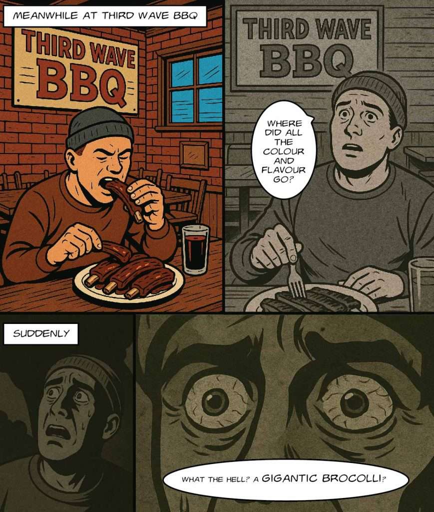 Captain BBQ comic page 1: a diner at Third Wave BBQ recoils from a giant broccoli