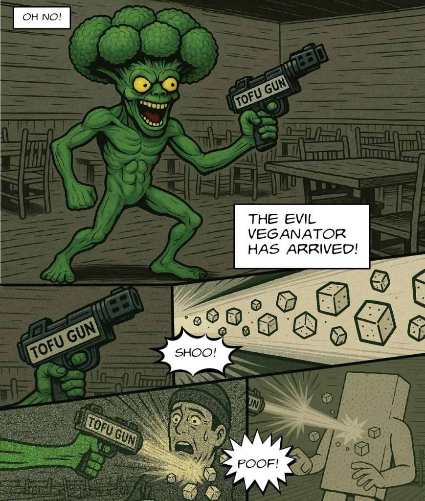 Captain BBQ comic page 2: the Veganator attacks diners with a tofu gun