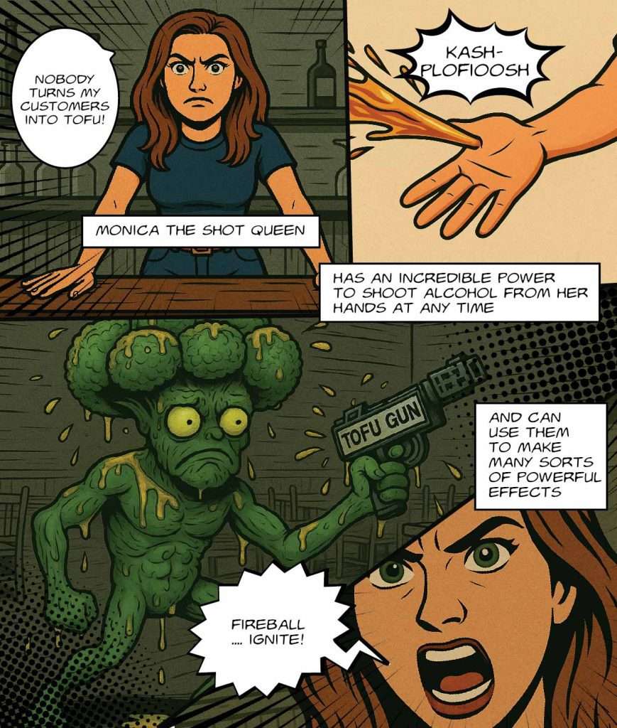 Captain BBQ comic page 3: Monica the Shot Queen ignites a fireball at the Veganator