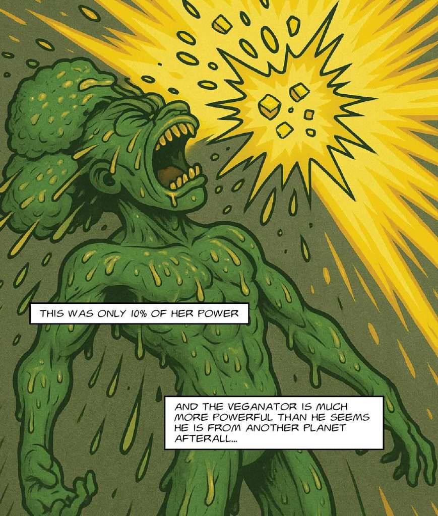 Captain BBQ comic page 4: the Veganator is engulfed in a bright explosion
