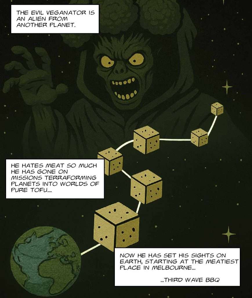 Captain BBQ comic page 5: the Veganator's origin story targeting Third Wave BBQ