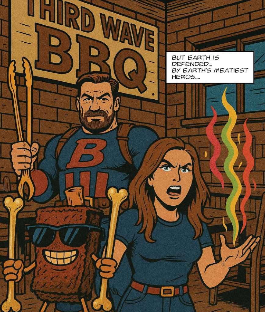 Captain BBQ comic page 6: two BBQ superheroes stand ready outside Third Wave BBQ