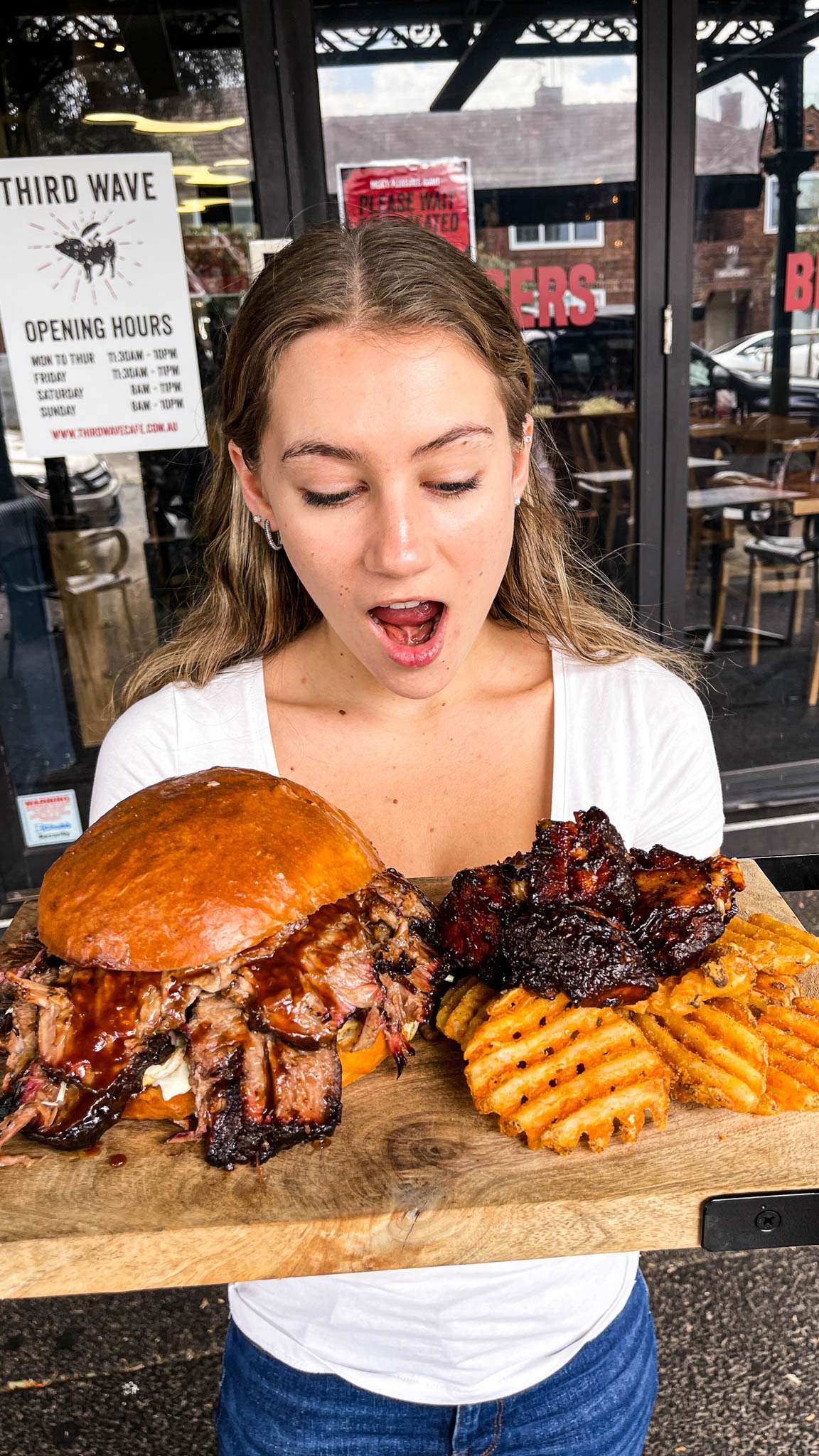 Diner reacting to the Oh Daddy Burger with a side of waffle fries