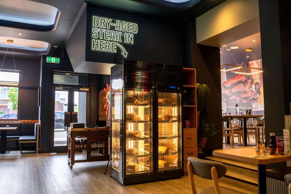 Dry-aged steak display cabinet at Third Wave BBQ Hawthorn East
