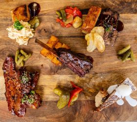 BBQ and Bourbon Spread with ribs, roasted vegetables and coleslaw