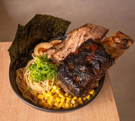BBQ ramen bowl with brisket, nori and corn