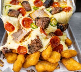 Beast Mode Loaded Nuggets tray with brisket, cheese and croquettes