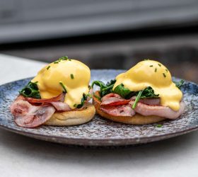 Eggs Florentine and Benedict fusion with ham and hollandaise