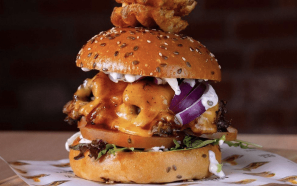Lamb burger with melted cheese, onion and a waffle fry skewer