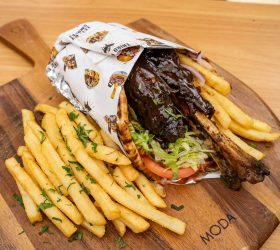 Mini Thor's Hammer Kebab wrapped, served with a side of fries