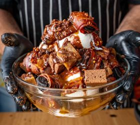 BBQ Bacon Sundae with soft serve, brownie pieces and caramel sauce