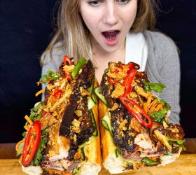 Guest reacting to the Monster BBQ Banh Mi filled with brisket and chilli