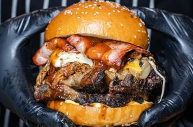 Oh Mamma burger stacked with brisket, bacon and cheese
