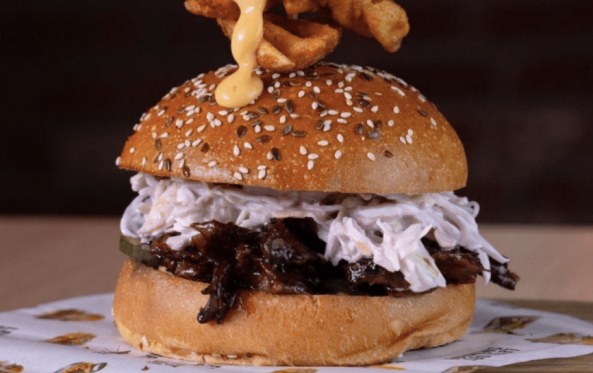 Vrisket vegetarian burger with a waffle fry skewer