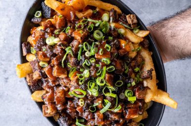Brisket loaded fries with spring onion, held up on a plate