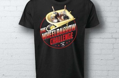 Black T-shirt printed with 'The Wheelbarrow Challenge' graphic
